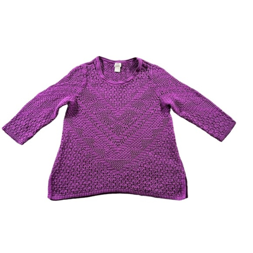 Chico's Sweater Womens 1 M Purple Cotton Open Weave Crochet Knit Boho Tunic